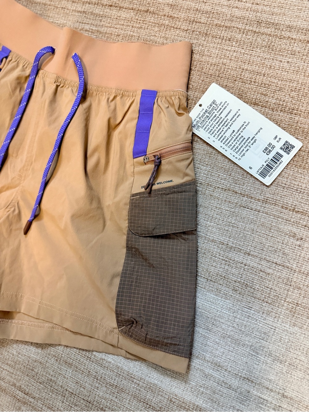 Lululemon | High Rise Cargo Shorts | Multi-Pocket | Tan/Purple | Size 6 | NWT - Picture 4 of 12